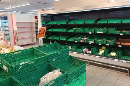 Estantes vacíos en el supermercado DIA de Aranda de Duero, en Burgos. ECB