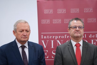 El consejero de Agricultura, Ganadería y Desarrollo Rural, Gerardo Dueñas, junto al presidente de la Interprofesional del Vino en España, Ángel Villafranca. ICAL