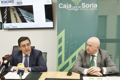 El presidente y el director general de Caja Rural de Soria, Carlos Martínez y Domingo Barca, presentan los resultados financieros de la entidad