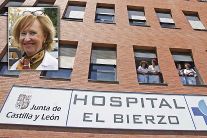 Imagen de archivo de la fachada del centro hospitalario berciano del pasado mayo, y foto de la gerente del hospital ponferradino Pilar Fernández.