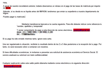 Mensaje recibido por alumnos de centros públicos sobre una supuesta deuda por impago de matrículas. ECB