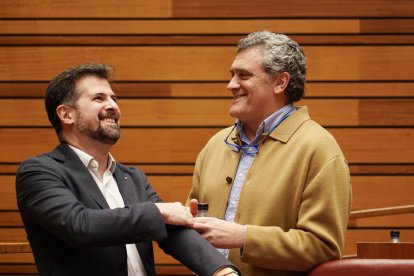 Luis Tudanca y Pedro Pascual en el hemiciclo antes del comienzo del pleno de las Cortes.