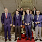 El consejero de Economía de la Junta de Castilla y León, Carlos Fernández Carriedo; el alcalde de Salamanca, Carlos García Carbayo; el rector de la Universidad de Salamanca, Juan Manuel Corchado; y el presidente en funciones de la Diputación Provincial de Salamanca, Carlos García Sierra, ofrecen una rueda de prensa tras mantener una reunión de seguimiento del protocolo interinstitucional firmado en 2021. Los gráficos pueden tomar imágenes a las 10.20 horas.