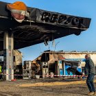 Gasolinera donde se incendió un camión mientras repostaba, en la N-620 , Km 313, entre Ciudad Rodrigo y Sancti Spiritus (Salamanca)