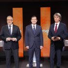 Los candidatos a la Presidencia de la Junta Carlos Pollán (Vox); Alfonso Fernández Mañueco (PP) y Carlos Martínez (PSOE) en el primer debate de las elecciones autonómicas.