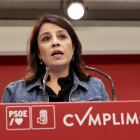 La vicesecretaria del Partido Socialista, Adriana Lastra durante su valoración de los resultados electorales. -ICAL