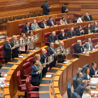 Los procuradores de VOX muestran carteles en contra de la amnistía al inicio del pleno.- E. M.