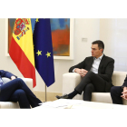 Michael O'Leary, Pedro Sánchez y Óscar Puente, en la reunión de Moncloa con Ryanair.-E. M.