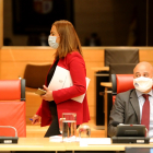 La socialista Virginia Barcones y el portavoz de Ciudadanos, David Castaño, durante la reunión de la Junta de Portavoces de las Cortes de Castilla y León.- ICAL