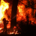 Los bomberos, la pasada madrugada, trabajando en la extinción del fuego en Serranilla del Arroyo. - ICAL
