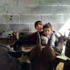 María, que cambia de vida y se muda al campo a sus 30 años, posa con su hijo y algunas de sus cabras