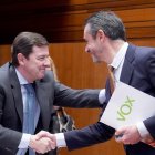 Saludo entre Alfonso Fernández Mañueco y David Hierro antes del inicio del pleno.