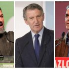 Santiago Abascal (VOX), Alberto Núñez-Feijóo (PP) y Pedro Sánchez (PSOE), en un montaje con imágenes de archivo