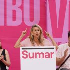 María Sánchez, Yolanda Díaz y Juan Gascón en un acto de Sumar en una imagen de archivo