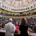 El papa León XIV en su intervención en el Congreso de los Diputados.