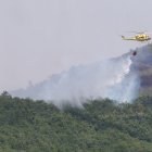 Labores de extinción de un incendio forestal originado esta madrugada en Valdepiélago (León).