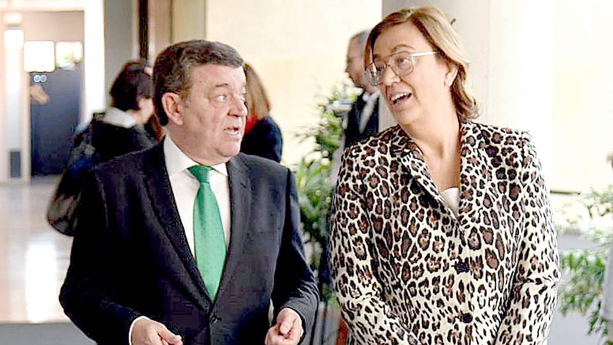 Luis Miguel González Gago y Ángeles Armisén conversan minutos antes de la reunión de presidentes de diputaciones provinciales. ICAL