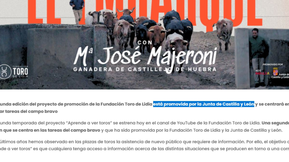 Imagen aportada por Franz Weber donde aparecen los logotipos de la Junta y Nos Impulsa en un proyecto de la Fundación Toro de Lidia.