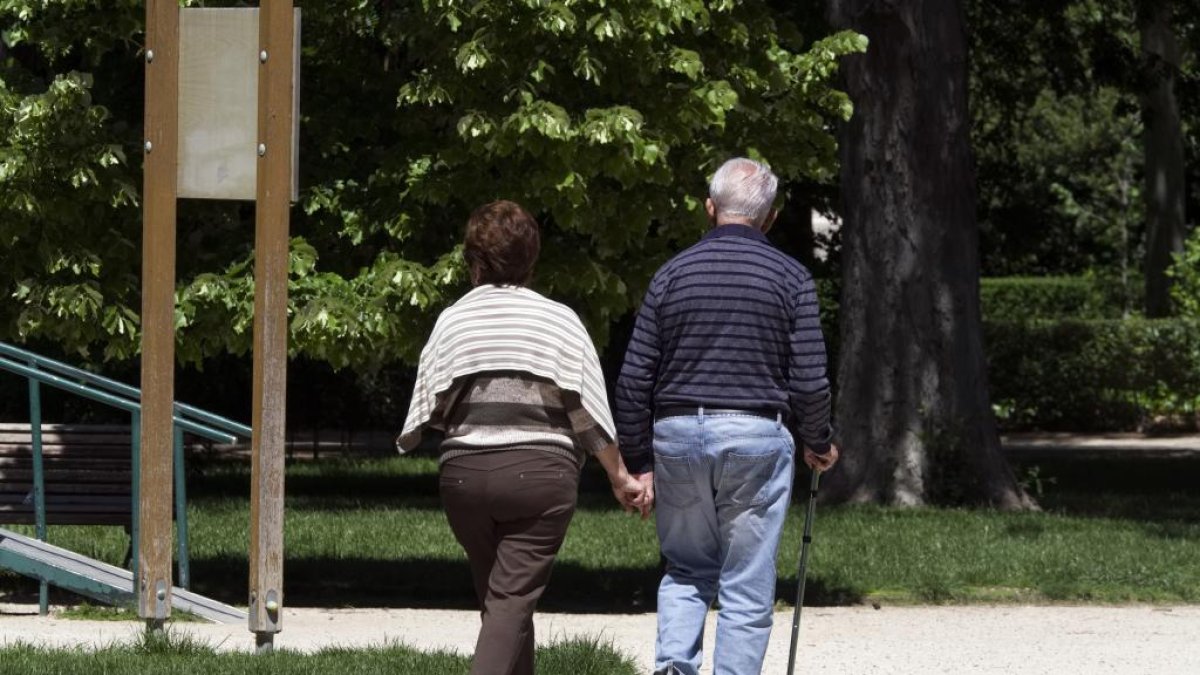 Una pareja de personas mayores pasea por un parque.