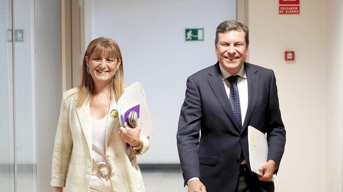El consejero de Economía y Hacienda y portavoz de la Junta, Carlos Fernández Carriedo, junto a la directora general de Presupuestos, Maribel Campos.