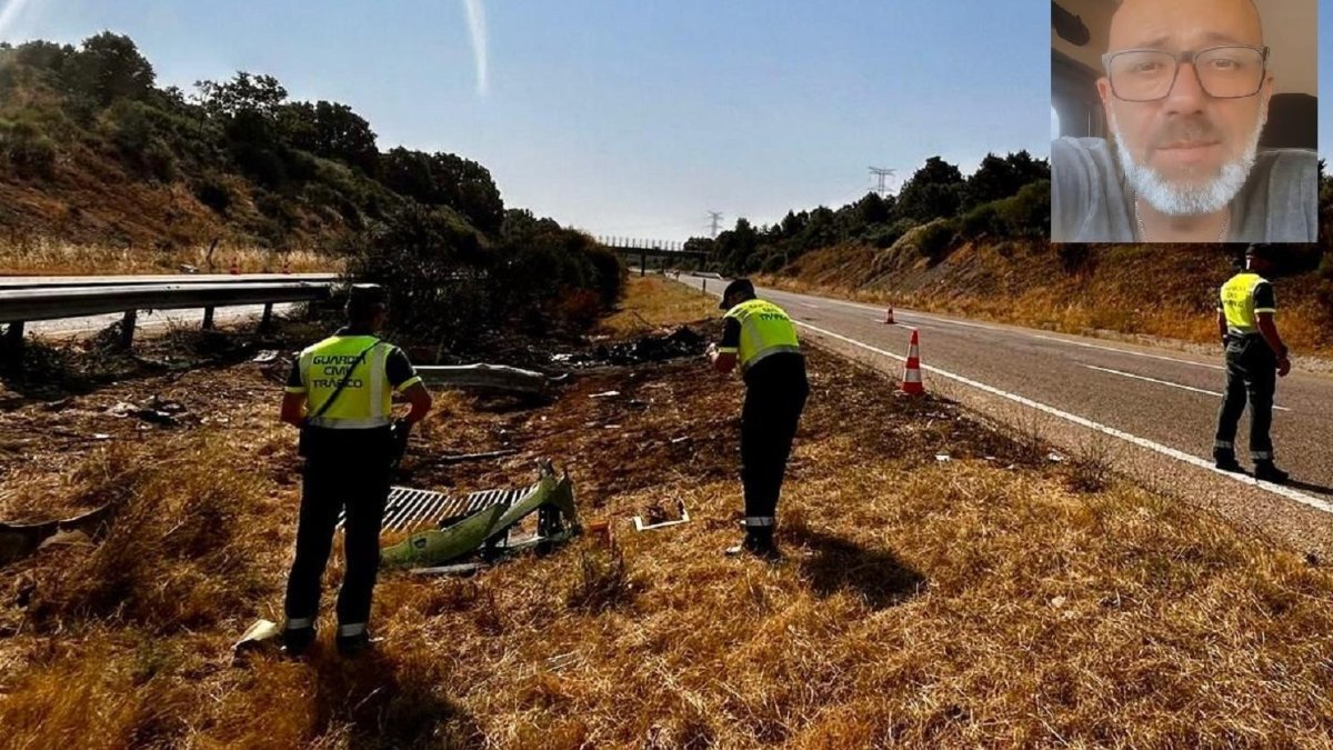 Restos del vehículo de Diogo Jota tras el brutal accidente, en una imagen de archivo, con el camionero en la foto pequeña.