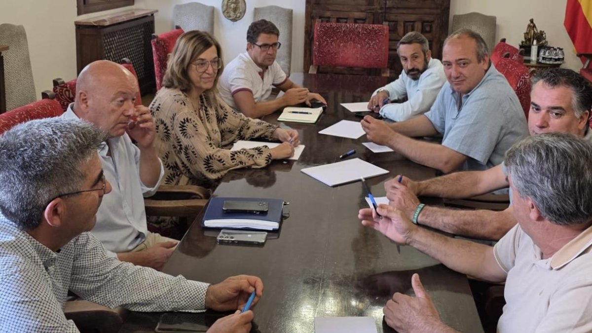 La presidenta de la Diputación de Palencia, Ángeles Armisén, acompañada de los diputados de Desarrollo Agrario, Luis Calderón, y de Agricultura y Ganadería, Jesús Sevilla, mantienen una reunión con las organizaciones profesionales agrarias para informar de las ayudas urgentes y extraordinarias para los ganaderos damnificados por los incendios que afectan a la zona norte de la provincia