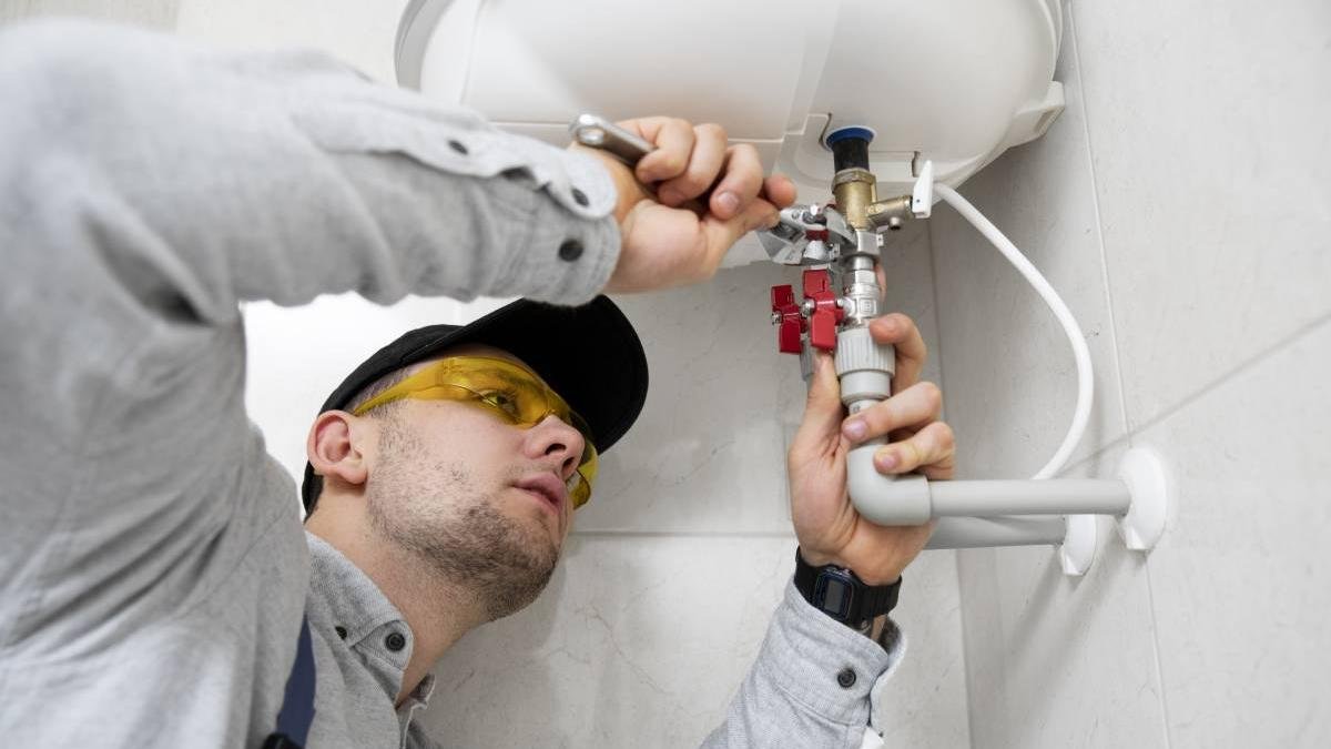 Un fontanero autónomo arregla un calentador de agua en una imagen de archivo.