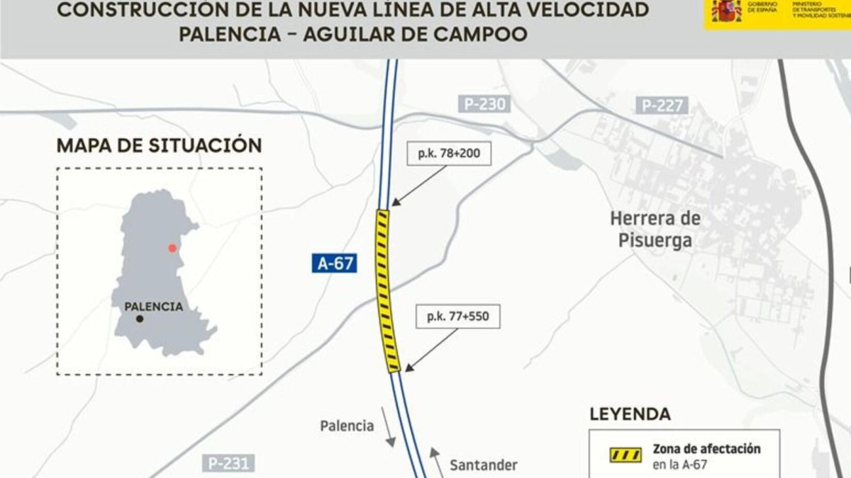 Tramo de la A-67 afectado por las obras del AVE.