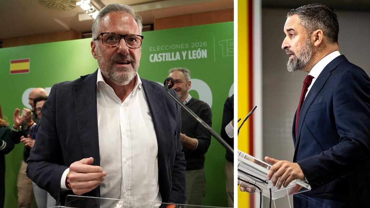 El candidato a la Presidencia de la Junta por Vox, Carlos Pollán, durante su intervención en Valladolid, y el líder nacional, Santiago Abascal, en su valoración desde Madrid.