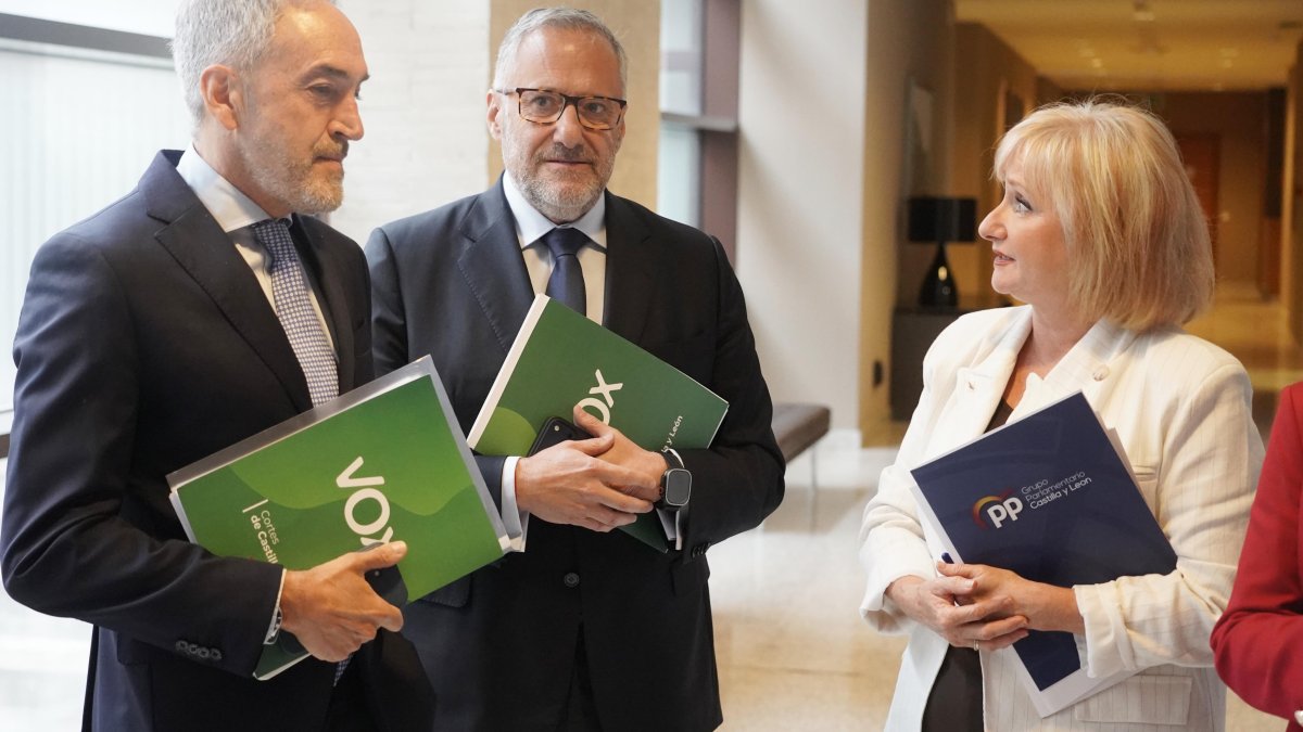 Alberto Díaz Pico y Carlos Pollán, de Vox, conversan con la 'popular' Leticia García antes de la Junta de Portavoces.