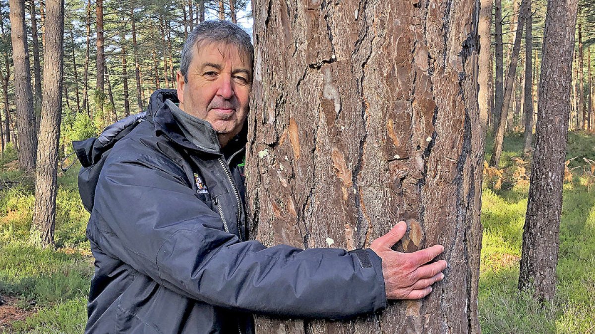 Josu Olabarría abrazando a un árbol en el Parque Natural ‘Montes Obarenes-San Zadornil’. / ARGICOMUNICACIÓN