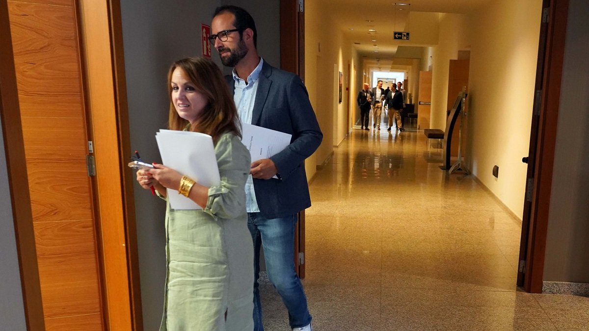 Patricia Gómez y Ángel Hernández (PSOE) a su llegada a la junta de portavoces.- ICAL