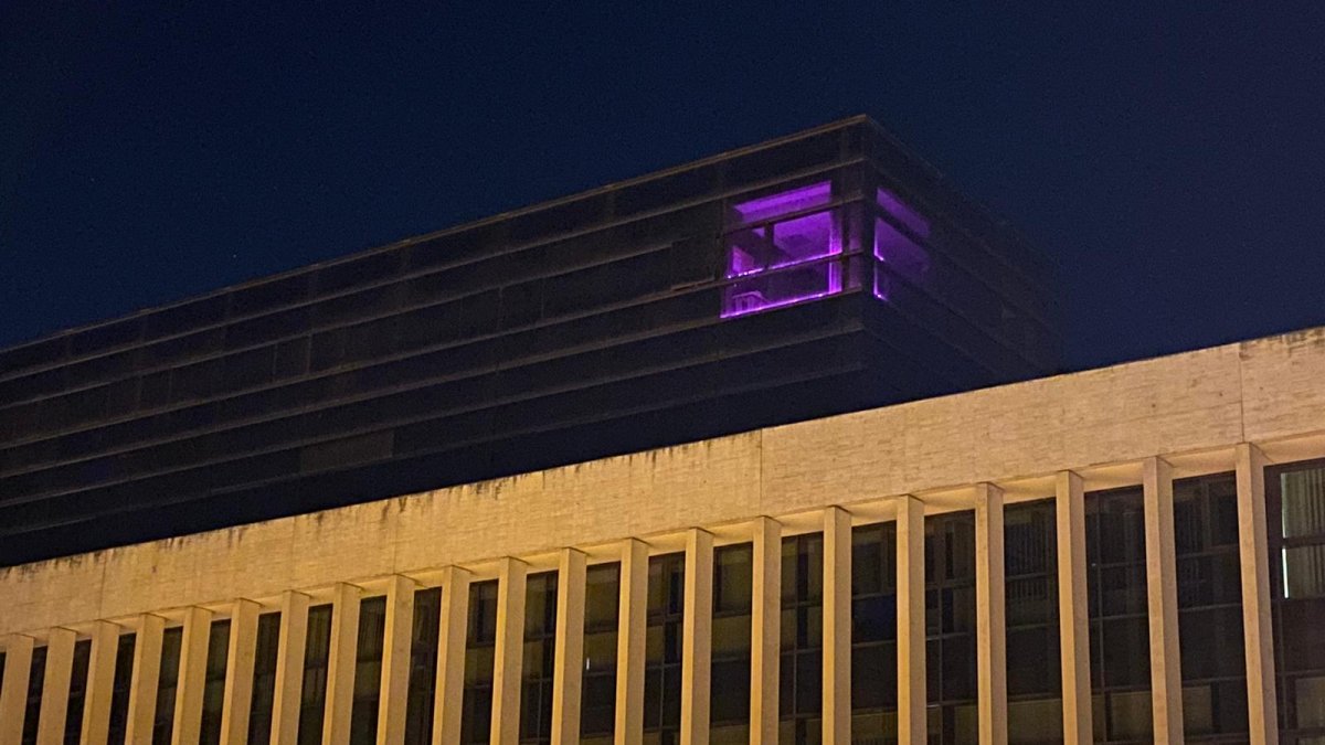 Despacho del PSOE en las Cortes iluminado de morado con motivo del Día Internacional de la Eliminación de la Violencia Contra las Mujeres.- E. M.