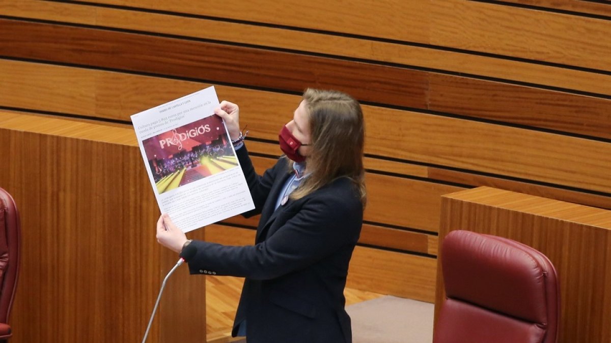 El portavoz de Podemos en las Cortes, Pablo Fernández, durante su intervención en la segunda sesión del pleno en las Cortes de Presupuestos Generales de la Comunidad para 2021.- ICAL