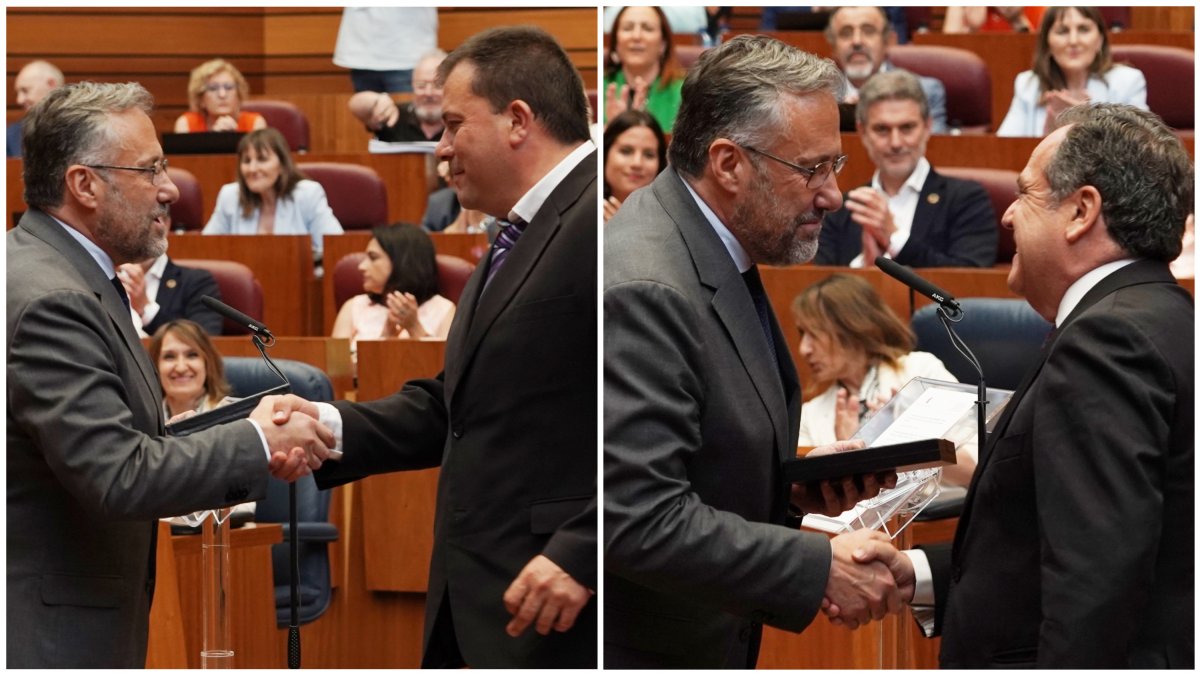 Pablo Trillo y Antonio Mendoza reciben su medalla de procuradores de mano de Carlos Pollán.- ICAL