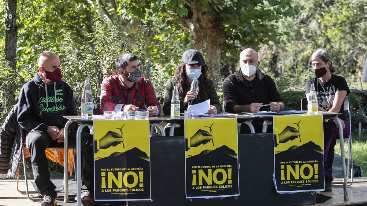 La Plataforma por el Futuro de la Montaña Central de Leonesa celebra una reunión con entidades contrarias a los proyectos de parques eólicos para la montaña de León. En la imagen, intervención de la presidenta de la plataforma, Esther Domínguez. - ICAL