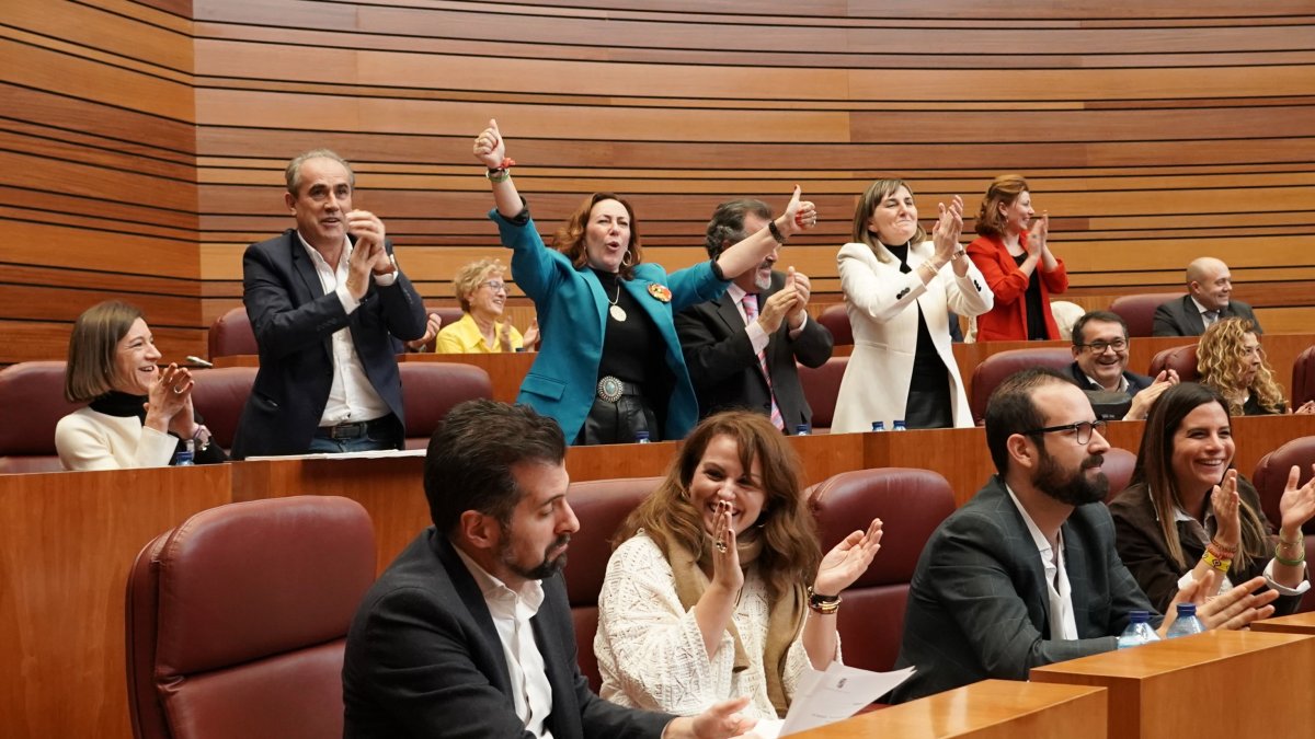 La bancada socialista, exultantae tras la votación a favor de sus enmiendas por parte de PP y VOX a la ley de medidas del Presupuesto. ICAL