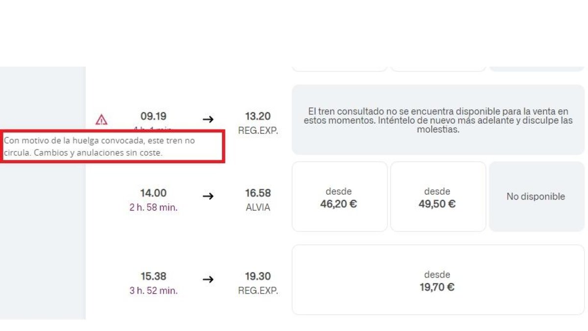 Mensaje que aparece en la web de Renfe para avisar de los servicios suprimidos por la huelga.- E. M.