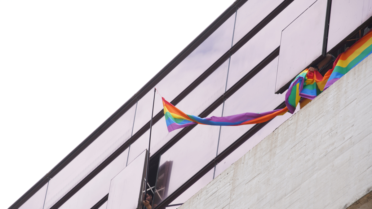 Bandera arcoíris en las ventanas de los despachos del PSOE en las Cortes de Castilla y León