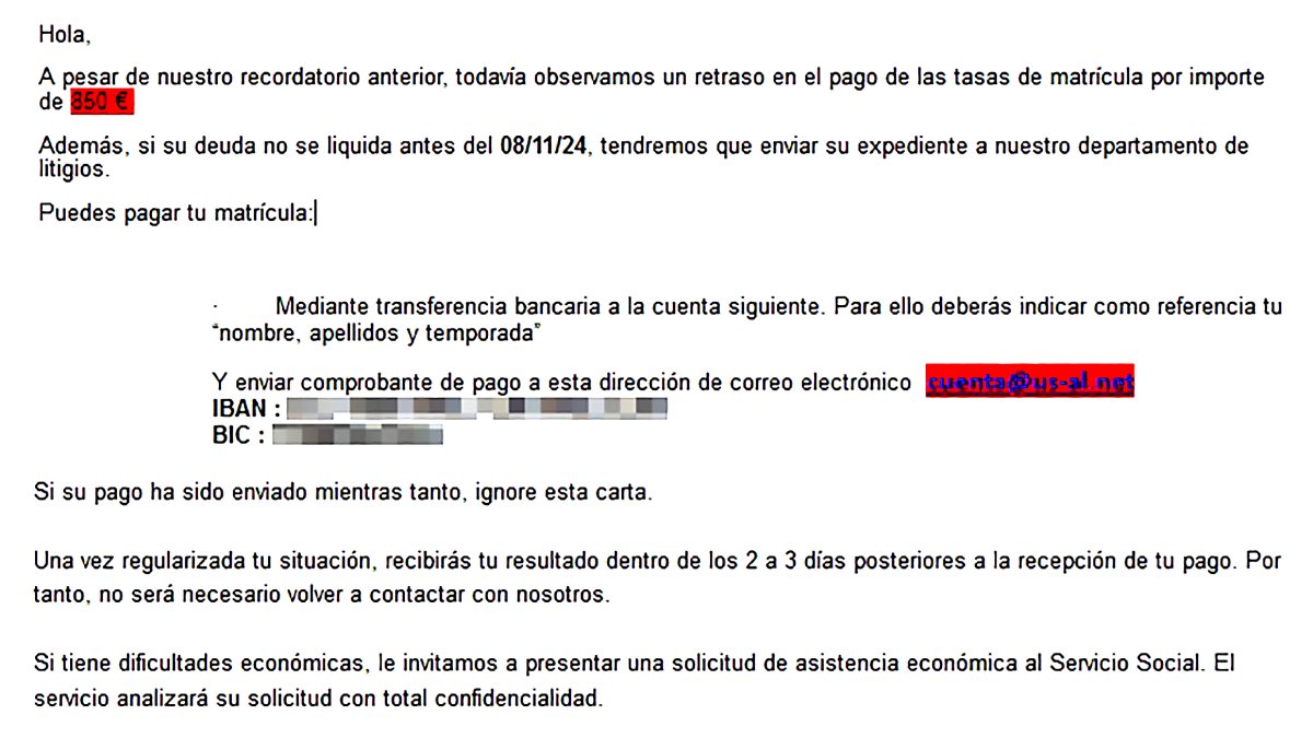 Mensaje recibido por alumnos de centros públicos sobre una supuesta deuda por impago de matrículas. ECB