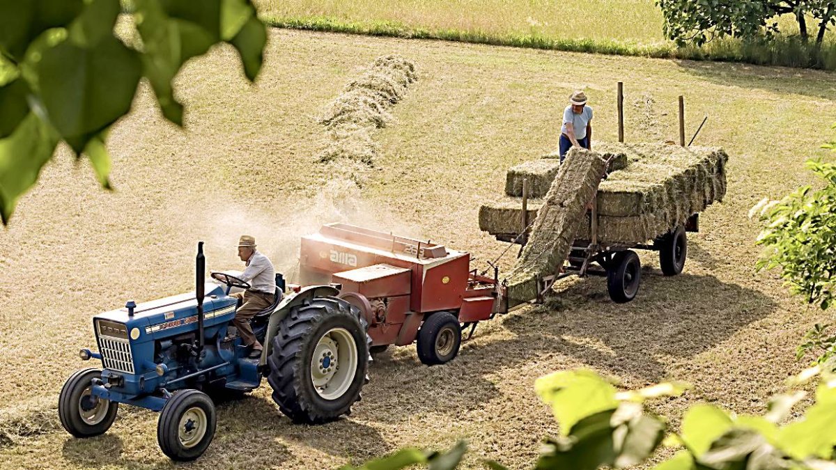 Dos agricultores recogen y empaquetan el heno en un cultivo