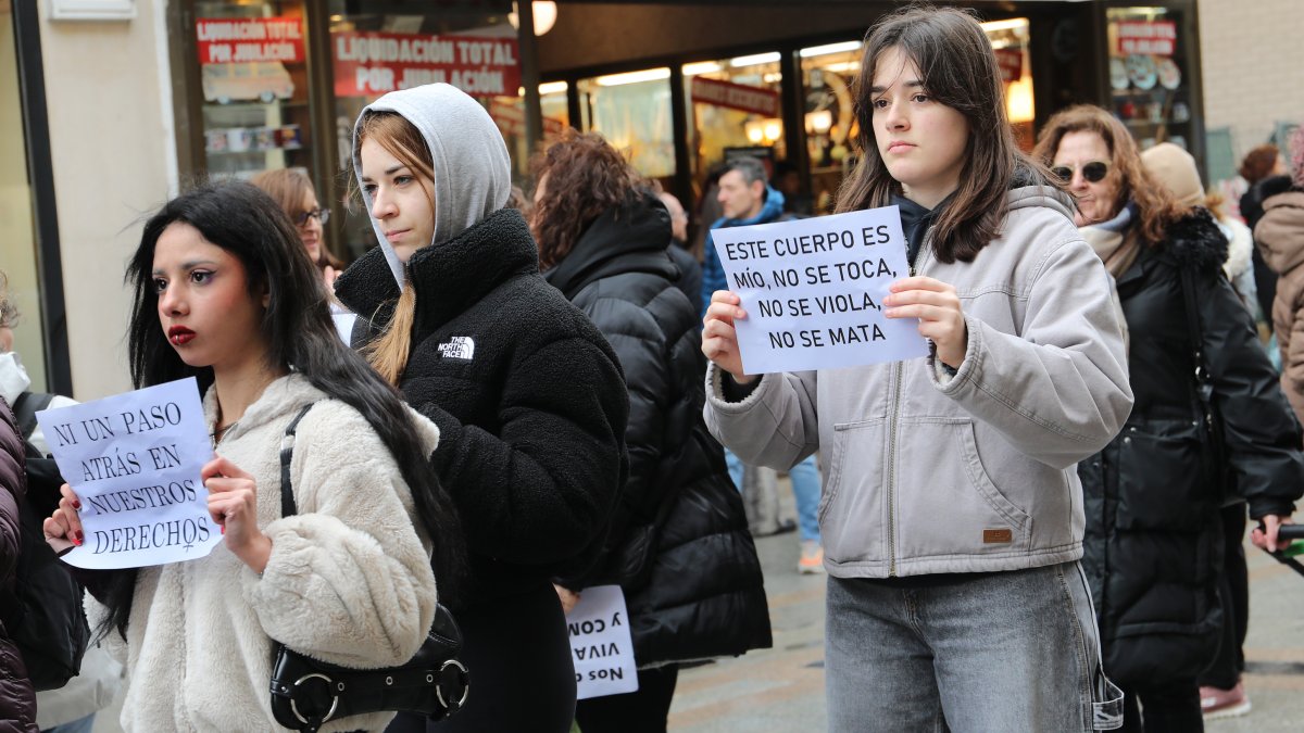 Manifestación de la Plataforma por los Derechos de las Mujeres de Palencia por la calle Mayor y  la Plaza Mayor