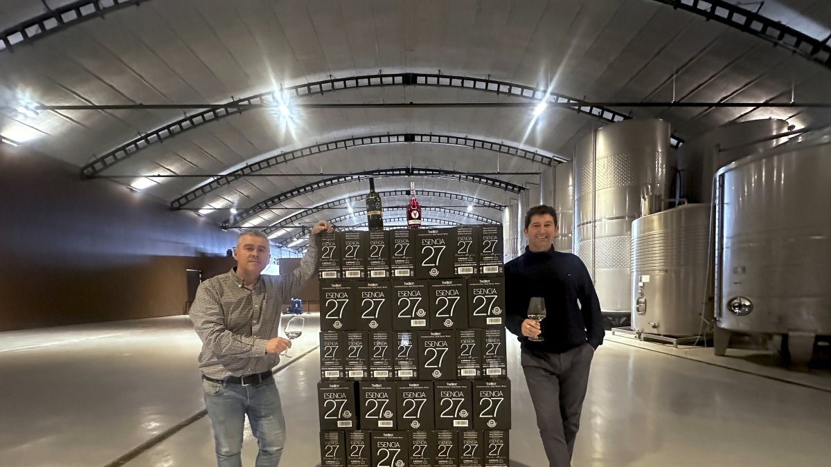 David Urquizu, presidente y director comercial de Meóriga, junto a Óscar de La Viuda, director gerente, bajo la bóveda de la cooperativa, patrimonio industrial del vino regional.