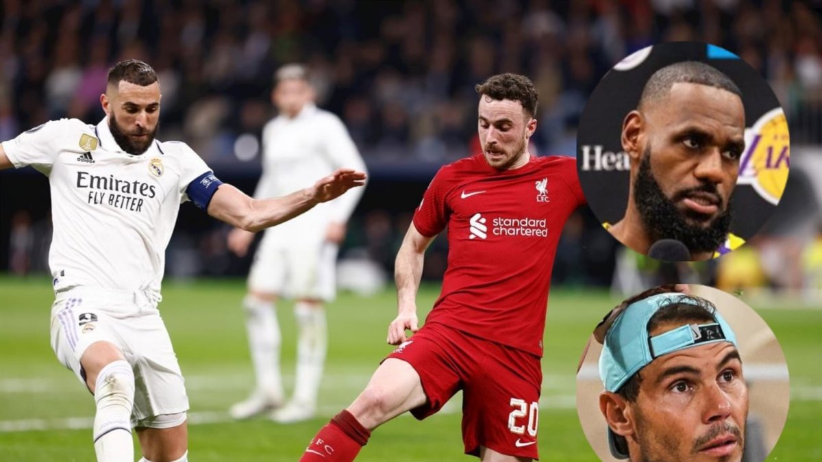 Diogo Jota disputa un balón junto a Benzema y en miniatura Lebron James y Rafa Nadal