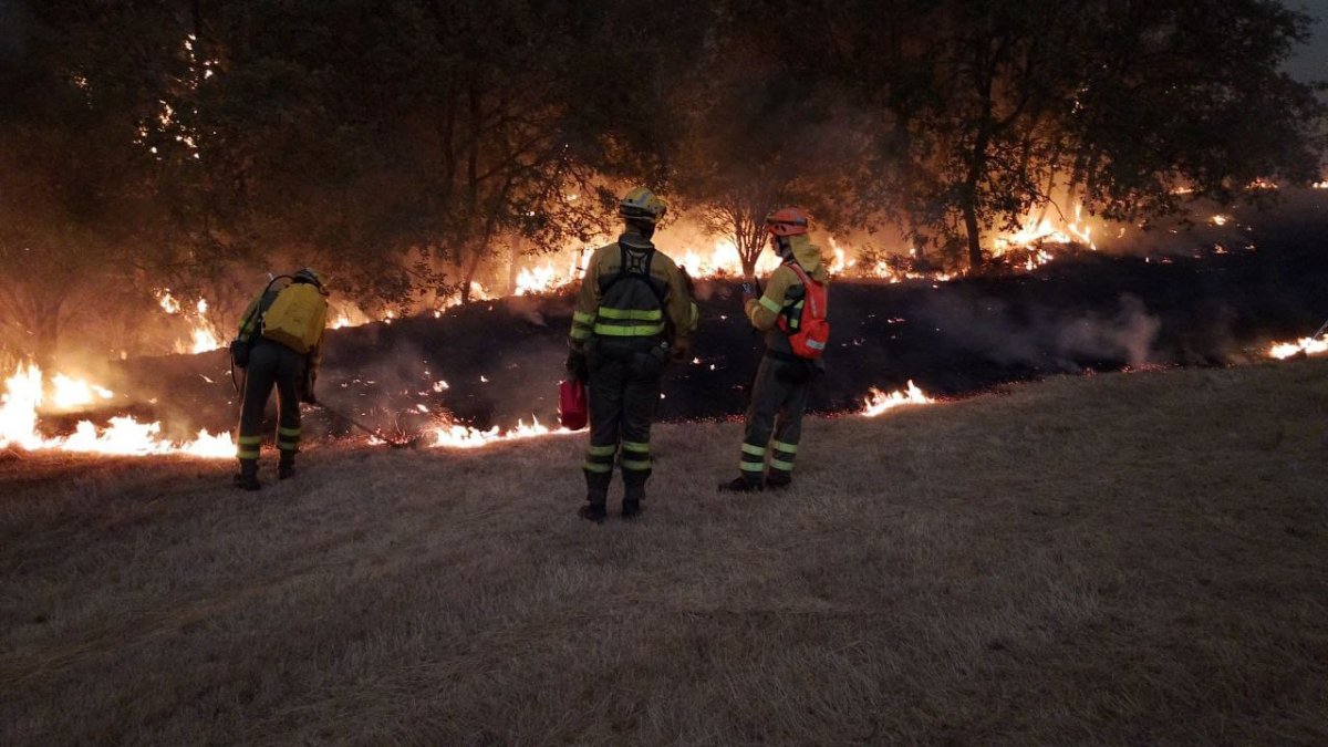 Miembros del servicio de Medio Ambiente de la Junta ejecutan cortafuegos en el incendio entre Zamora y Ourense