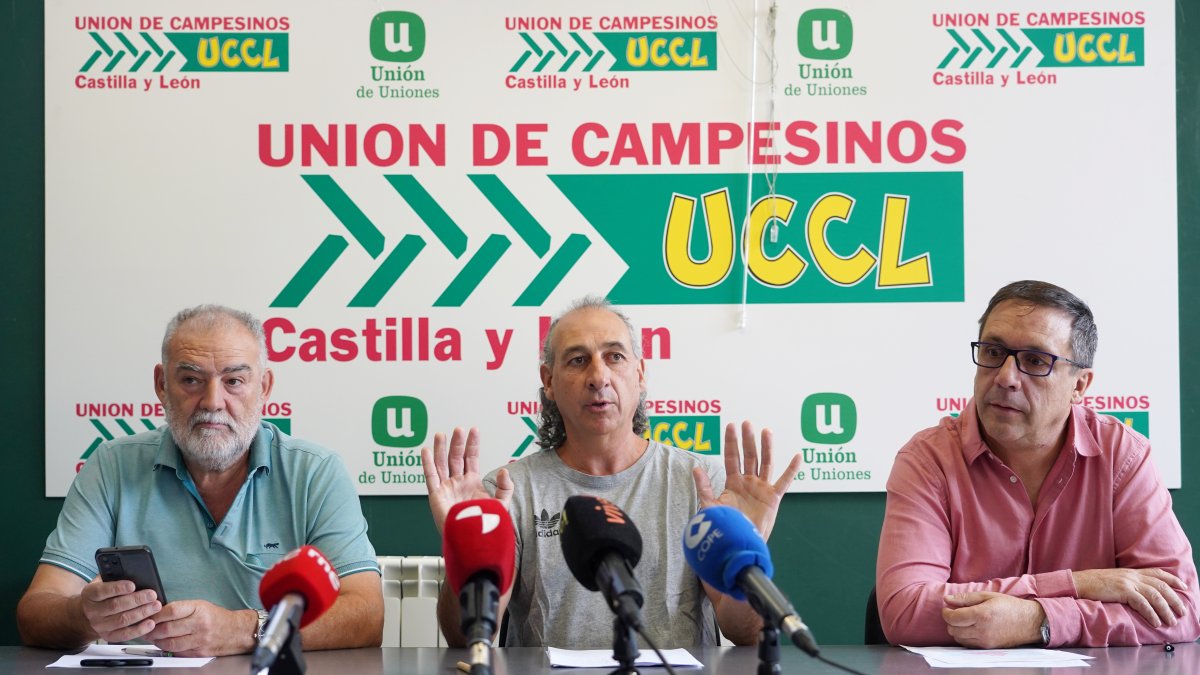 Jesús Manuel González Palacín, coordinador regional de UCCL, analiza la situación de los incendios junto a los coordinadores de UCCL Valladolid Valentín García (I) y Zamora Antonio Rodríguez (D)
