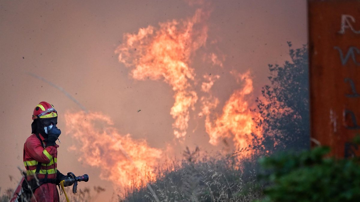 Un bombero trata de apagar el fuego, a 21 de agosto de 2025, en Anllarinos del Sil, León