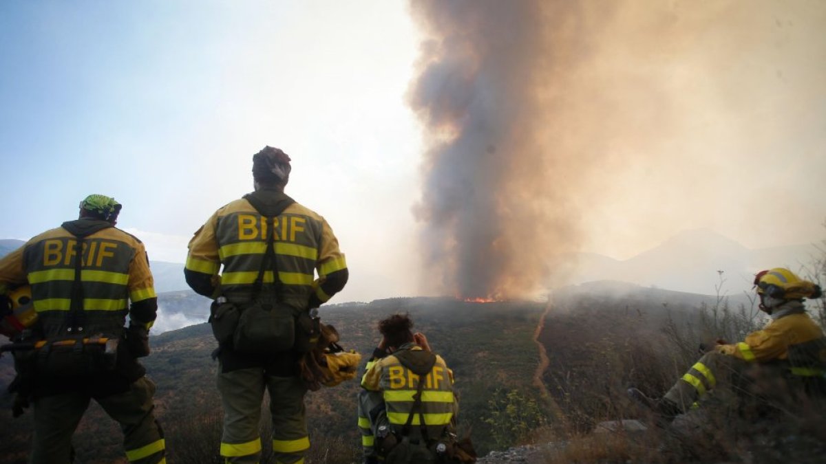 Bomberos de Castilla y León observan un incendio forestal en La Baña.