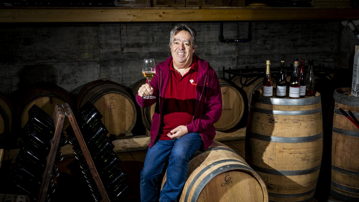 Juan José brinda en el corazón de Bodega Vildé entre los toneles donde maduran sus vinos y los botelleros en los que reposa su aplaudido espumoso, el único soriano.