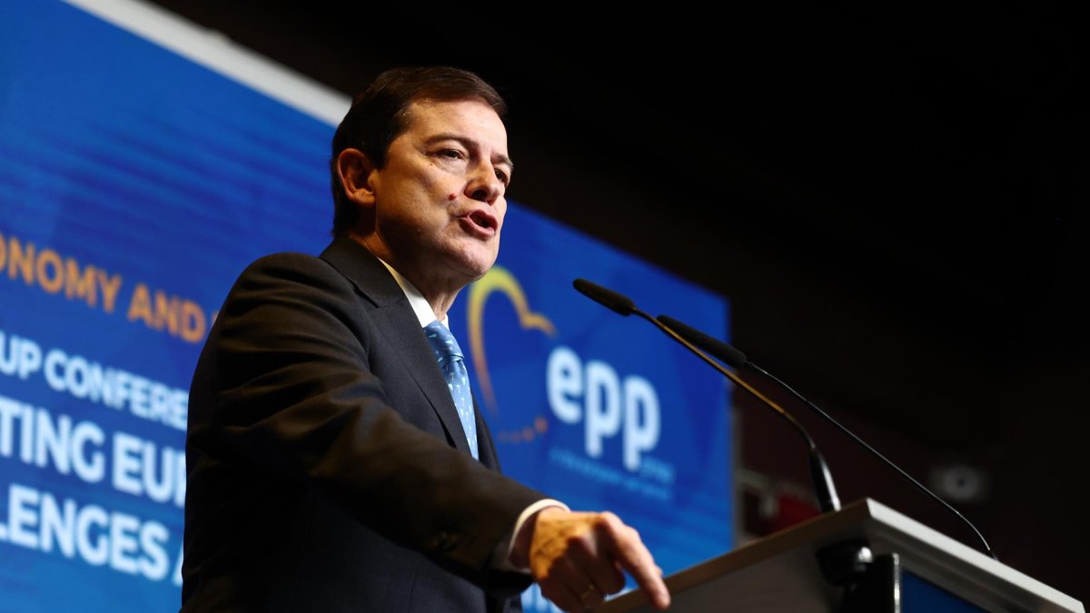 El presidente de la Junta y del PP de Castilla y León, Alfonso Fernández Mañueco, interviene durante el encuentro del Grupo de Trabajo del EPP.